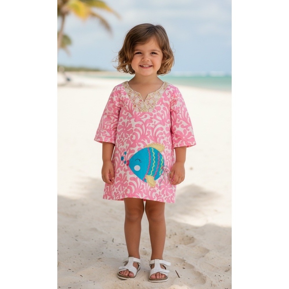 Baby Girl Mudpie Pink White Gold Tunic Dress Size 3T Floral Fish EUC Vacation